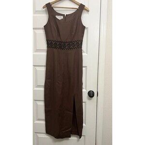VTG Maggy London Linen Maxi Dress Women 4 Brown Embroidery Empire Y2K 90’s Fall